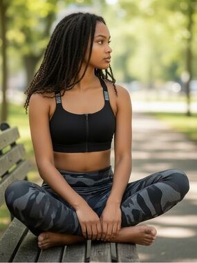 Under Armour Infinity High Zip Sports Bra & Gray Camo Tuff Athletics Leggings, L